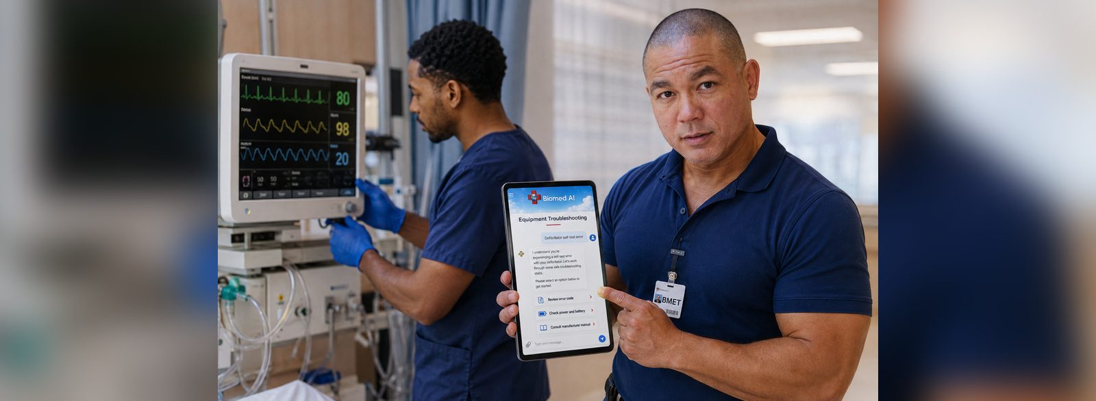 Biomed AI troubleshooting at the bedside | BiomedRx App Biomed AI equipment troubleshooting in the BiomedRx App at a patient monitor bedside