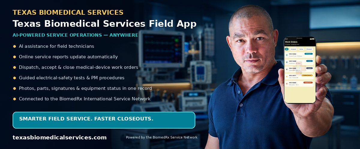Texas Biomedical Field — AI-powered field-service mobile app; automatic online service reports, work-order dispatch, and closeout