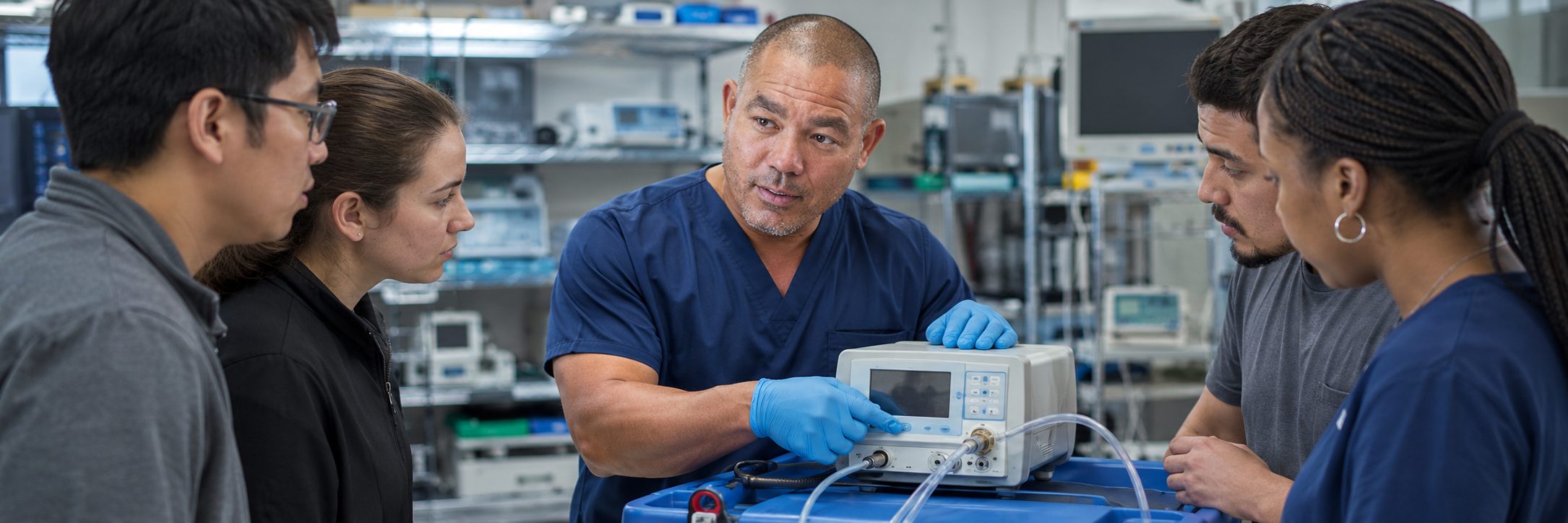 Ventilator and transport monitor service in a hospital equipment depot Ventilator and transport monitor service in a hospital equipment depot