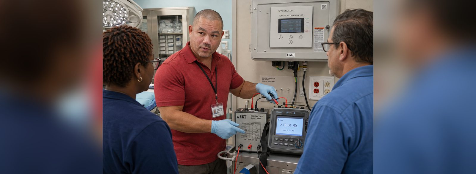 Insulation resistance test above 10 megohms performed on an isolated power circuit with a decade resistance box