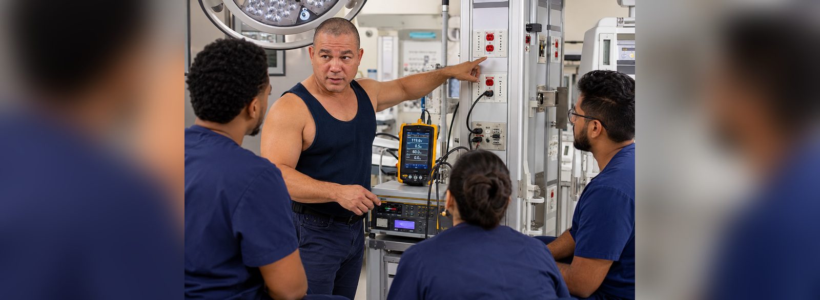 Line voltage and frequency verified at an isolated power column with a clamp power analyzer